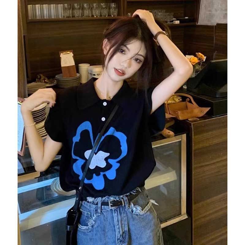 Women's Black Polo T-Shirt, Ladies Short-Sleeve Cotton-Blend Top with Flutter Sleeves, Enzyme-Washed Tie-Dye Graphic Print, Button Polo Collar for Cas - view 3