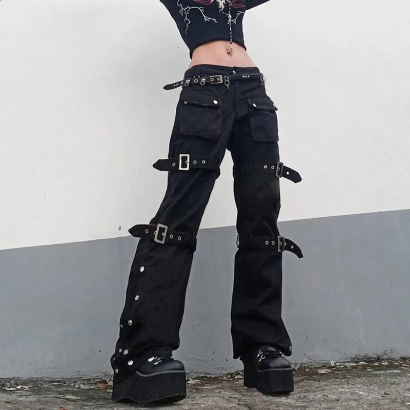 trend Women Black Cargo Jeans with Multi Pockets Metal Buckle Belt Straight Trousers 260625 - view 3