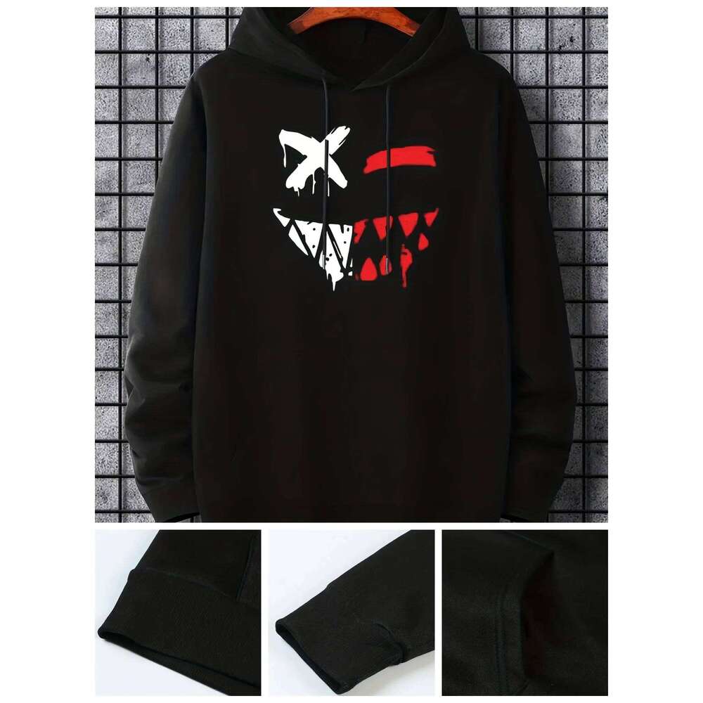 Men's open toothed smile print design hooded sweatshirt is comfortable loose suitable for casual wear and outdoor activities W260626 - view 3