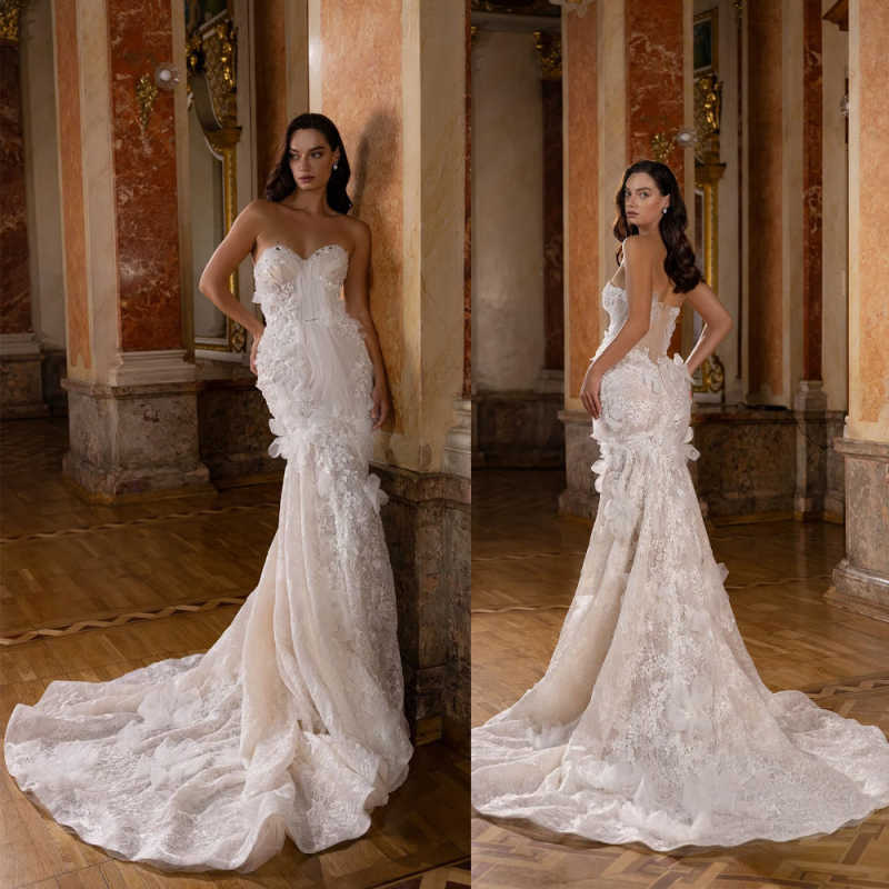 Boho Sweetheart Neck Mermaid Wedding Dress Elegant Hand Made Flowers Appliques Bridal Gown Sweep Train Bride Dresses Customized