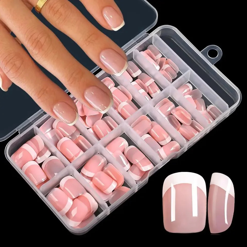 120Pcs Pink French Short Square Fake Nails 12-Sizes Full Cover Press On Nails Wearable Detachable Finished False Fingertips 260626 - view 1