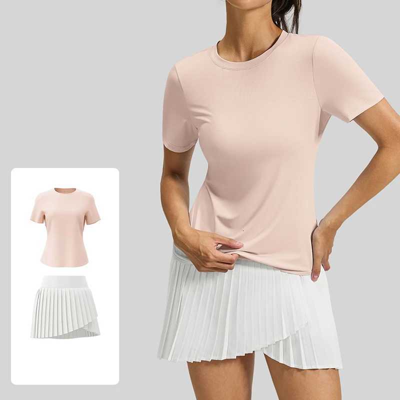 Womens Keyhole Activewear Fashion Set Crew Neck Short Sleeve Top Pleated Skort 2 Piece Yoga Sets Running Fitness Yoga Wear M260626 - view 3