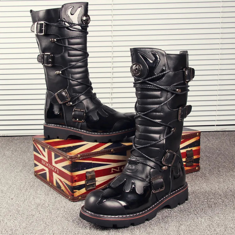 Mens Motorcycle Boots Knee-High Leather Boots Winter Male Gothic Punk Shoes Mens Outdoor Tactical Boots Casual Tooling Boots 48 260625 - view 3