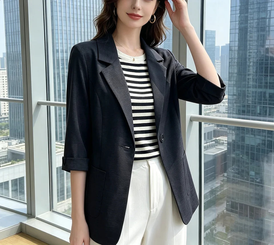 2026Summer Thin White Blazer Women 34 Sleeve Loose Fit Office Suit Jacket Elegant Business Formal Work Coat 260626