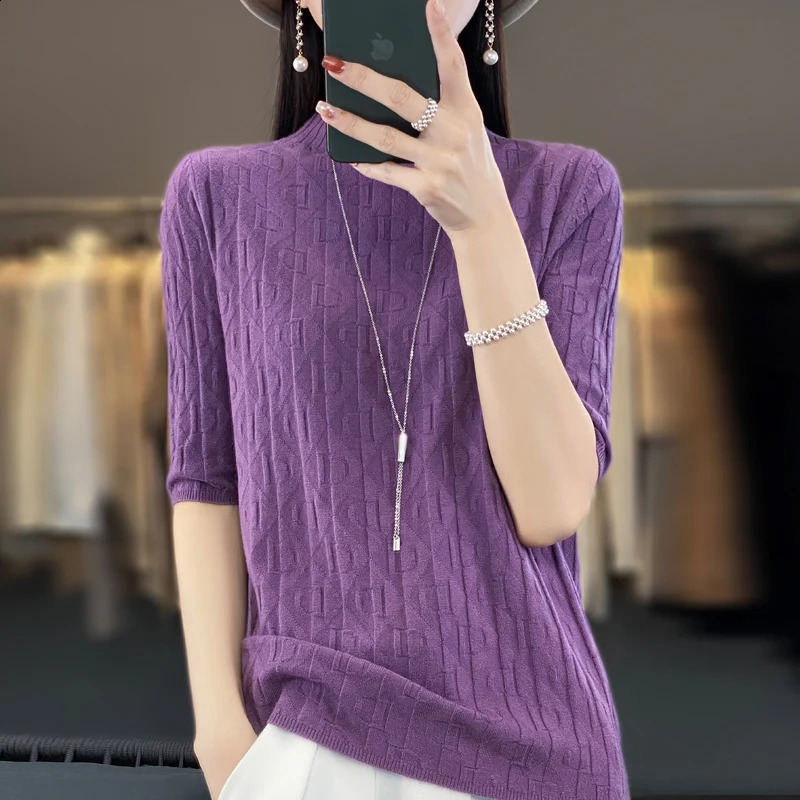 Women Soft Diamond Letter n Sweater Half-high Collar Three Quarter Sleeve Pullover Spring Summer Casual Knit Slim Top 260626 - view 5