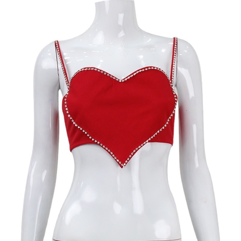 Womens Crop Camisole Top Womens Bright Red Heart Rhinestone Thin Strap Strapless Slim Fit Nightclub Layer Tank For Women Daily Party Summer Street Out - view 6