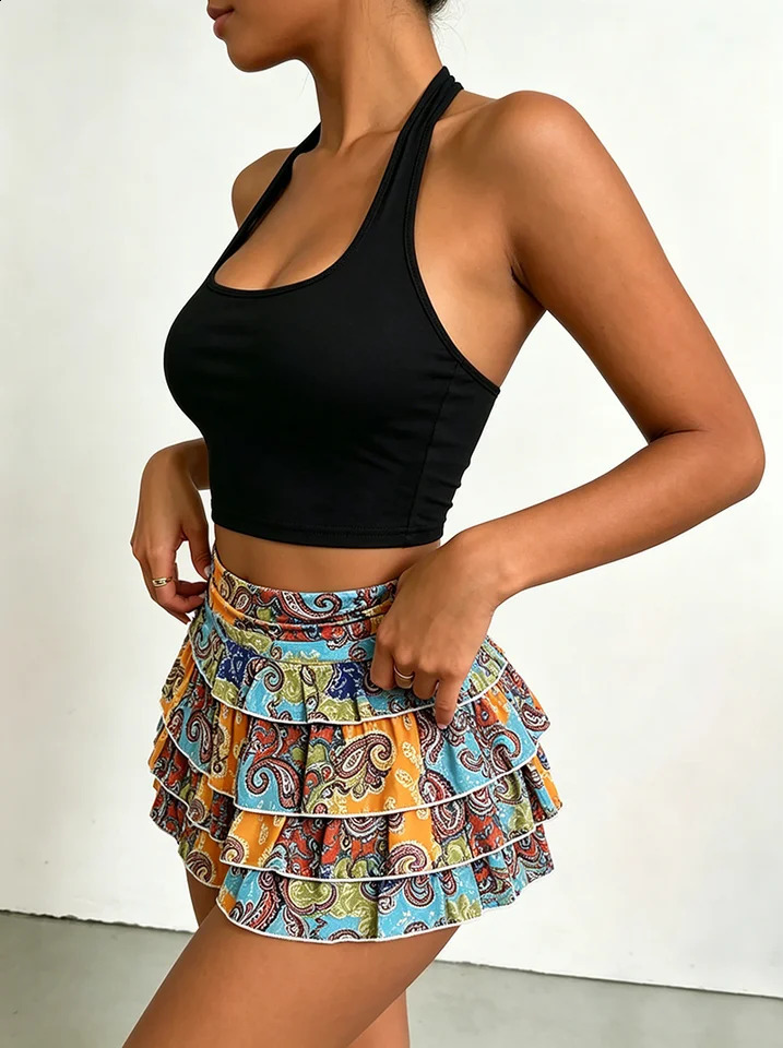 Womens clothing set solid color hanging neck backless vest topelastic waist geometric printed half skirt short 260625 - view 4