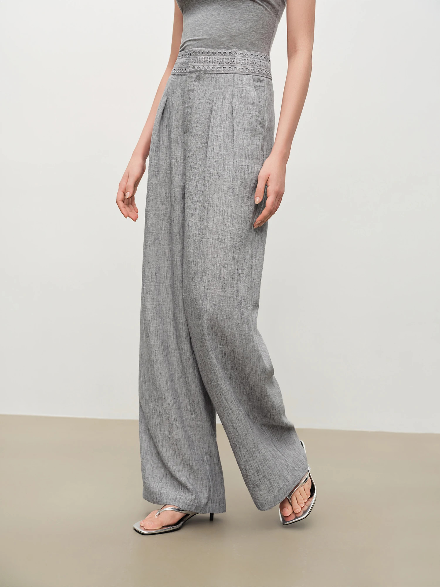 ZIQIAO Women Textured Casual Long Pants 2026 Summer Arrival High Waist Lace Trim Knitted Straight Trousers 260625 - view 6