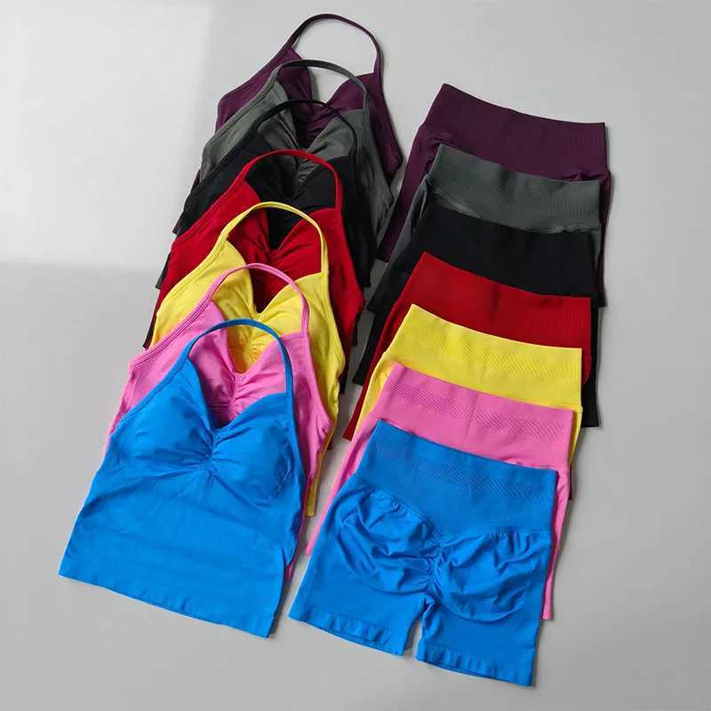 Set Sports 2 Women Pieces Yoga Set Backless Tank Yoga Tops Scrunch Seamless Shorts Suit Sport Gym Set Sportswear Workout Set M260626 - view 4