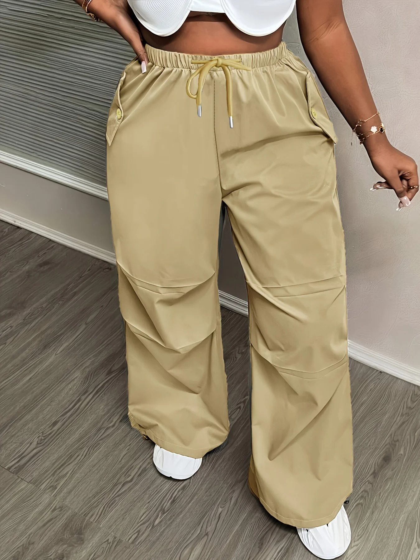 Womens Khaki Cargo Pants Elastic Waist Drawstring Loose Wide Leg Pockets Casual Sport Trousers for Summer Streetwear 260625