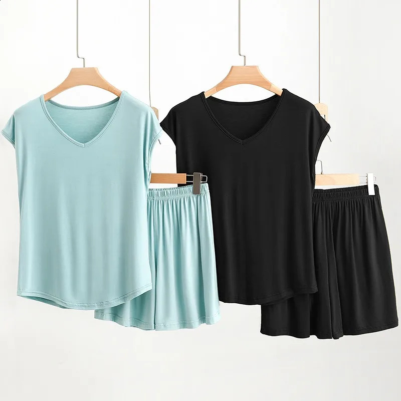 Womens Solid Color Pajamas Set 2026 Summer Thin Short Sleeve TShirt Shorts Sleepwear 2 Piece Casual Breathe Soft Home Wear 260625 - view 3
