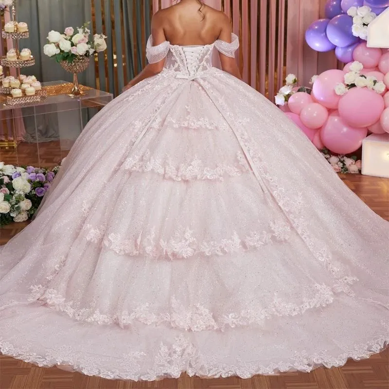 Light pink off-shoulder folded small flutter sleeves fishbone lace sparkling mesh big ball gown Quinceanera fairy-like dress - view 5