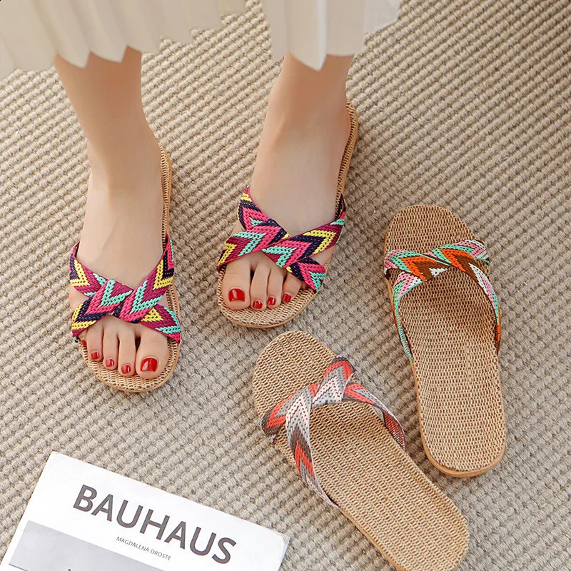 2026 Summer Women Linen Slippers Non-Slip Breathable Flat Shoes Couple Open-Toe Home Sandals Indoor House Slides for All Seasons 260624 - view 5