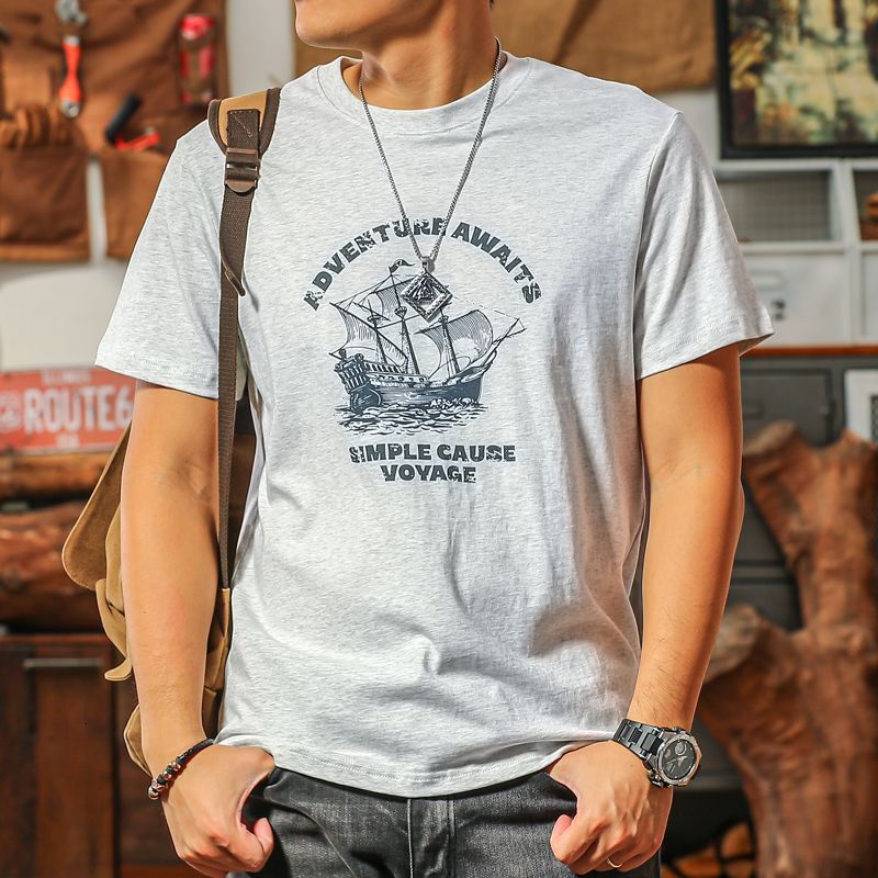 2026 Summer New High-End Combed Cotton Short-Sleeve T-Shirt With American Retro Sailboat Print - view 3