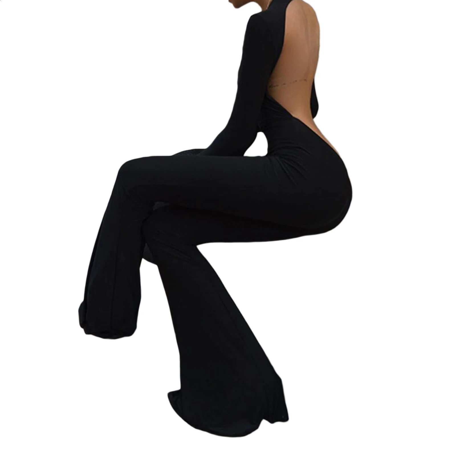Fashion Women Flare Leg Jumpsuit Long Sleeve Backless Solid Color Bodycon Romper Pants 260626 - view 3