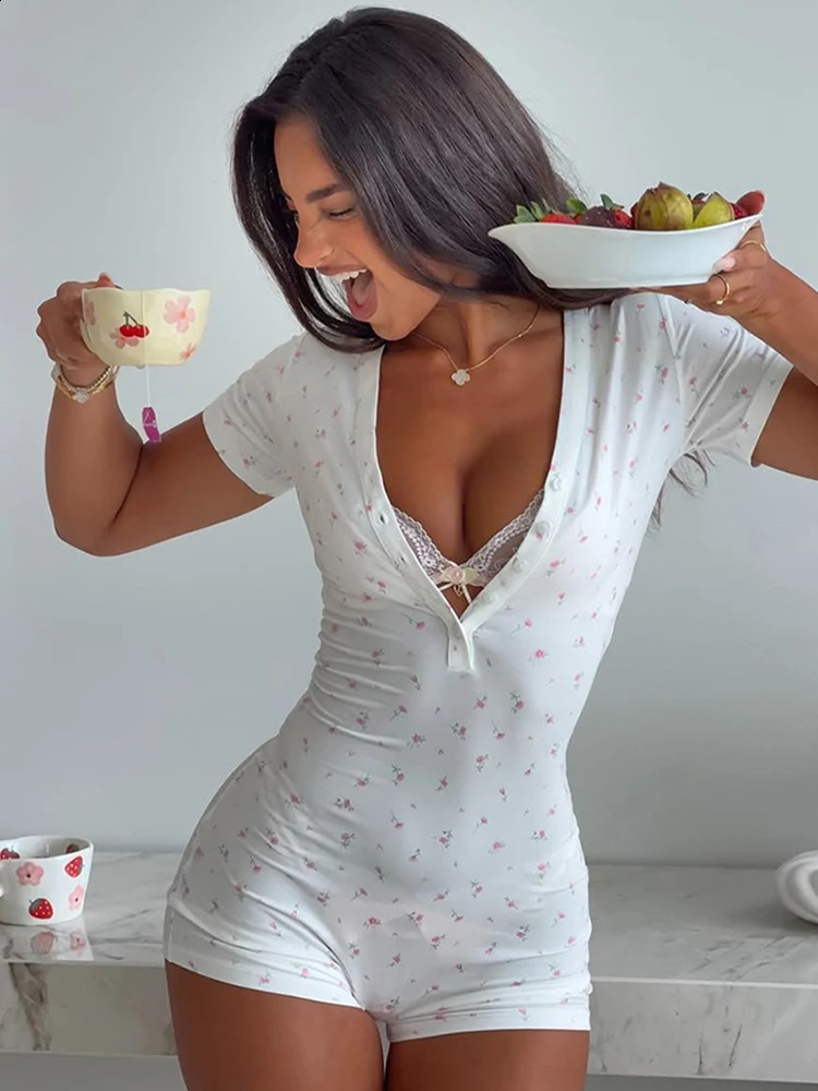 Kliou Casual Fashion Playsuits Woman Floral Print Button VNeck Short Sleeve Skinny Stretch Summer Street Elegant Style Rompers 260626 - view 4
