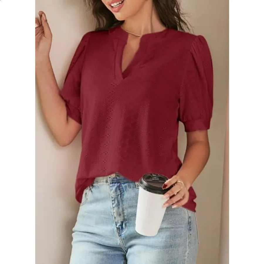 Dokotoo Womens Summer Business Casual Blouses V Neck Short Sleeve Shirts Eyelet Cute Lace Tops 260626 - view 6