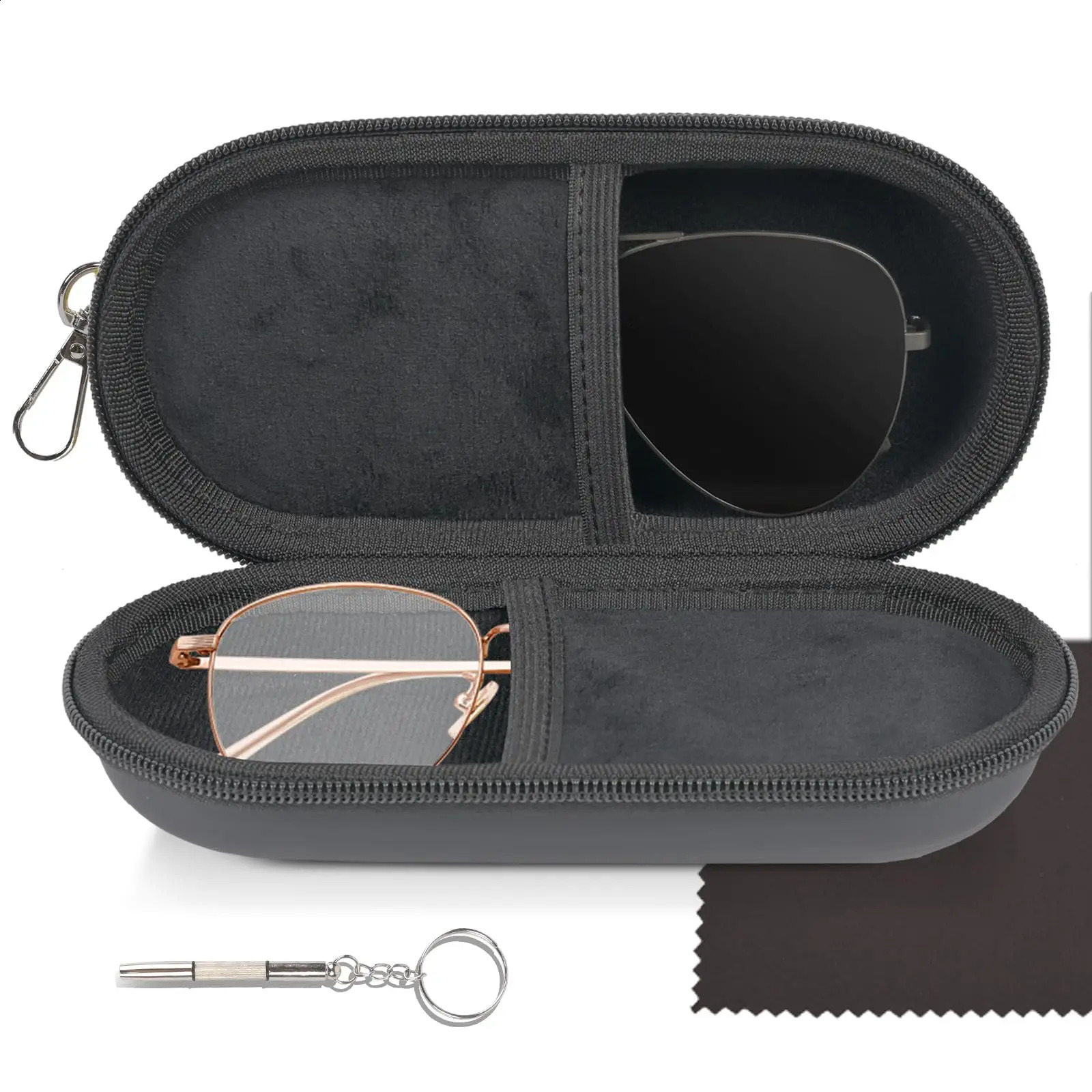 Double Glasses CaseDual Eyeglasses Sunglasses Organizer with Clip Zipper Closure for Travel 2 Pairs Storage Box Black 260625