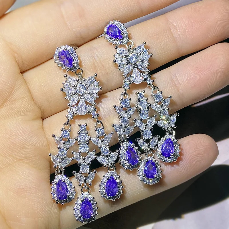 925 Silver Vintage Tanzanite Sapphire Stud Earrings Inlaid Water Drop Zircon Earrings Womens Party Gift 260625