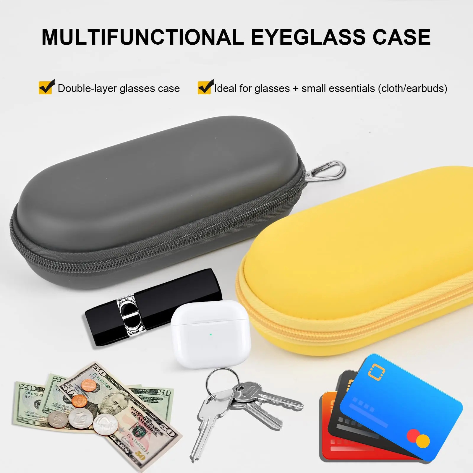 Double Glasses CaseDual Eyeglasses Sunglasses Organizer with Clip Zipper Closure for Travel 2 Pairs Storage Box Black 260625 - view 5
