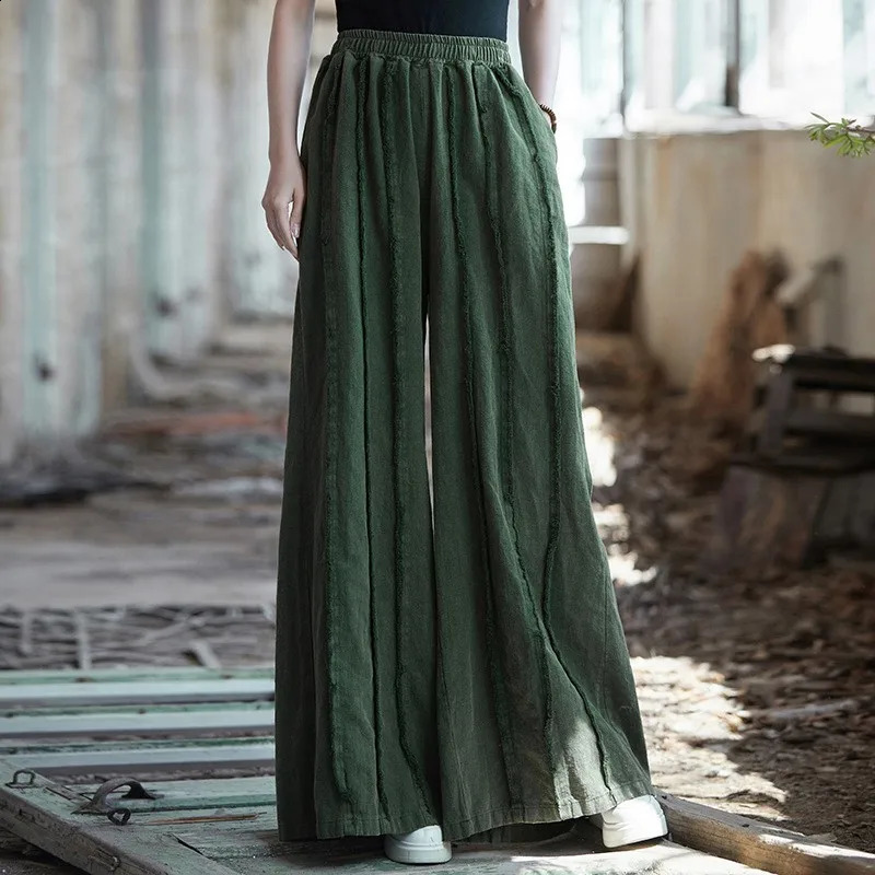 Johnature Women Vintage Cotton Linen Wide Leg Pants Elastic Waist Patchwork Pockets Spring Solid Color Long 260625 - view 3