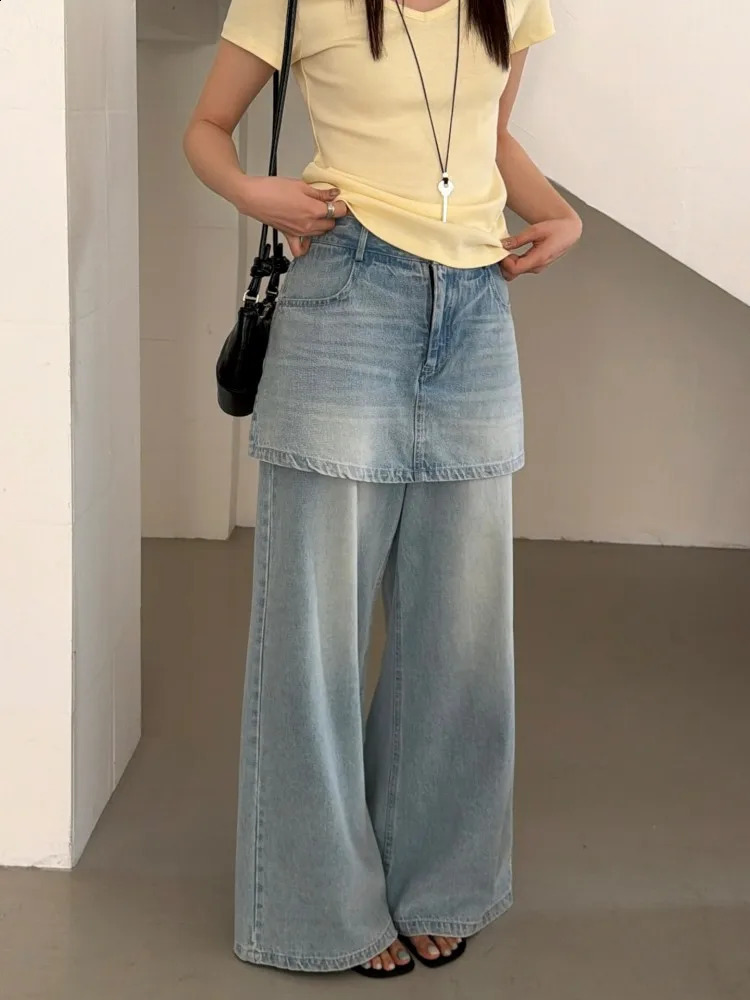 Korean Style Women Loose Twopiece Spliced Jeans Retro Straight Full Length Denim Pant High Waisted Casual Long Trousers 260625 - view 4