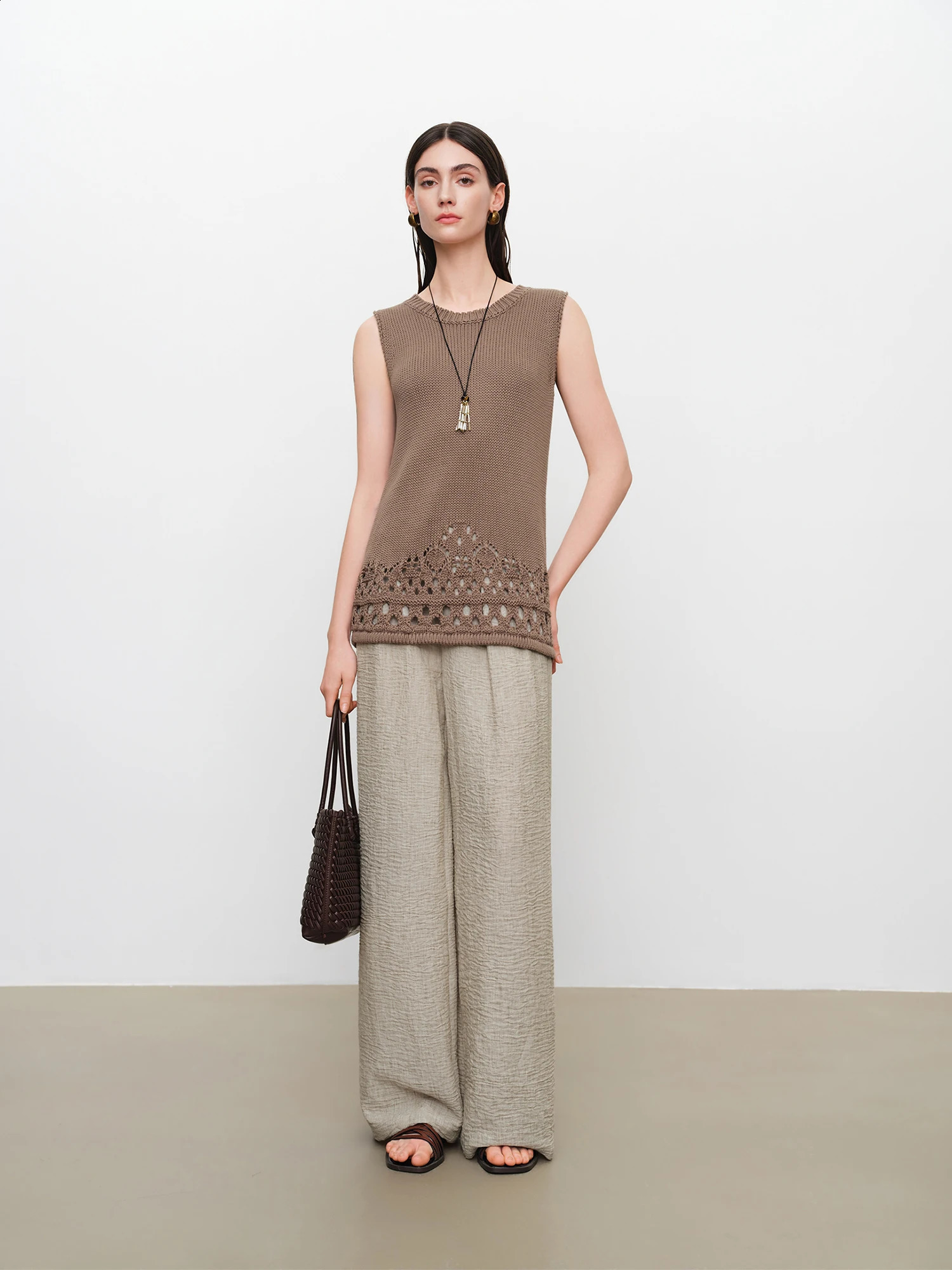 ZIQIAO Women Textured Casual Long Pants 2026 Summer Arrival High Waist Lace Trim Knitted Straight Trousers 260625 - view 3