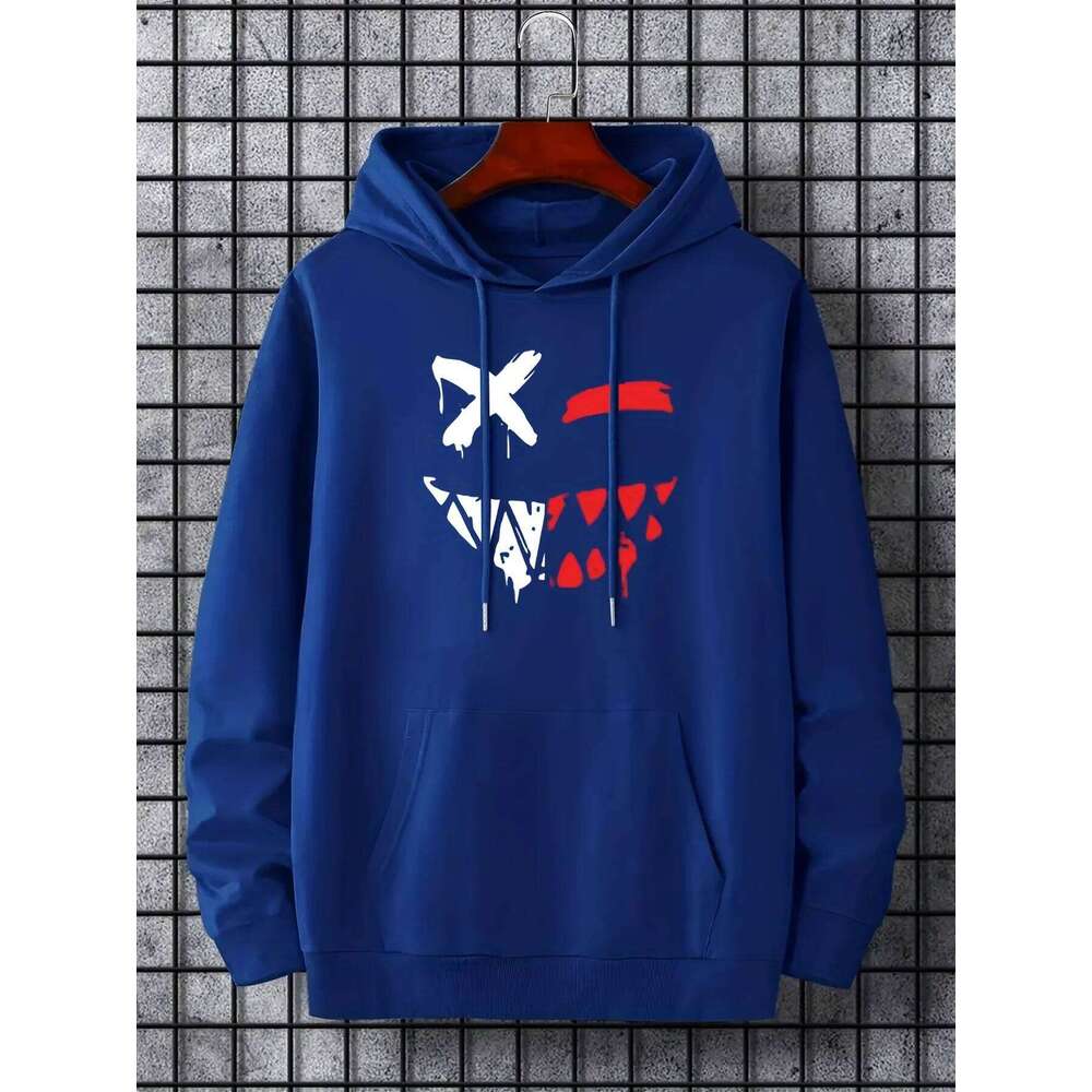 Men's open toothed smile print design hooded sweatshirt is comfortable loose suitable for casual wear and outdoor activities W260626 - view 5