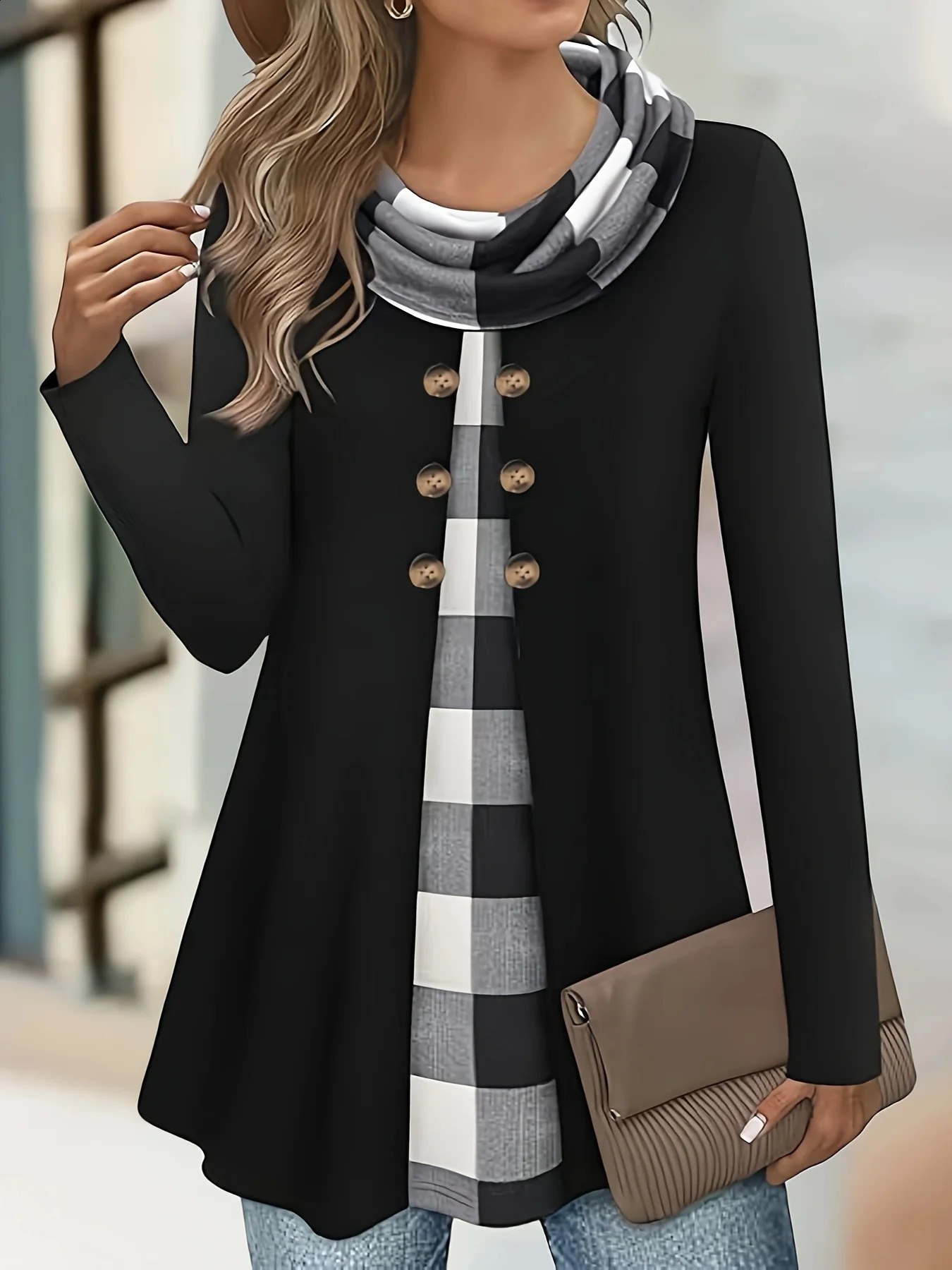 European and American fashion plaid print fake two-piece pleated scarf wild button plus size womens thin long-sleeved T-shirt 260626 - view 3