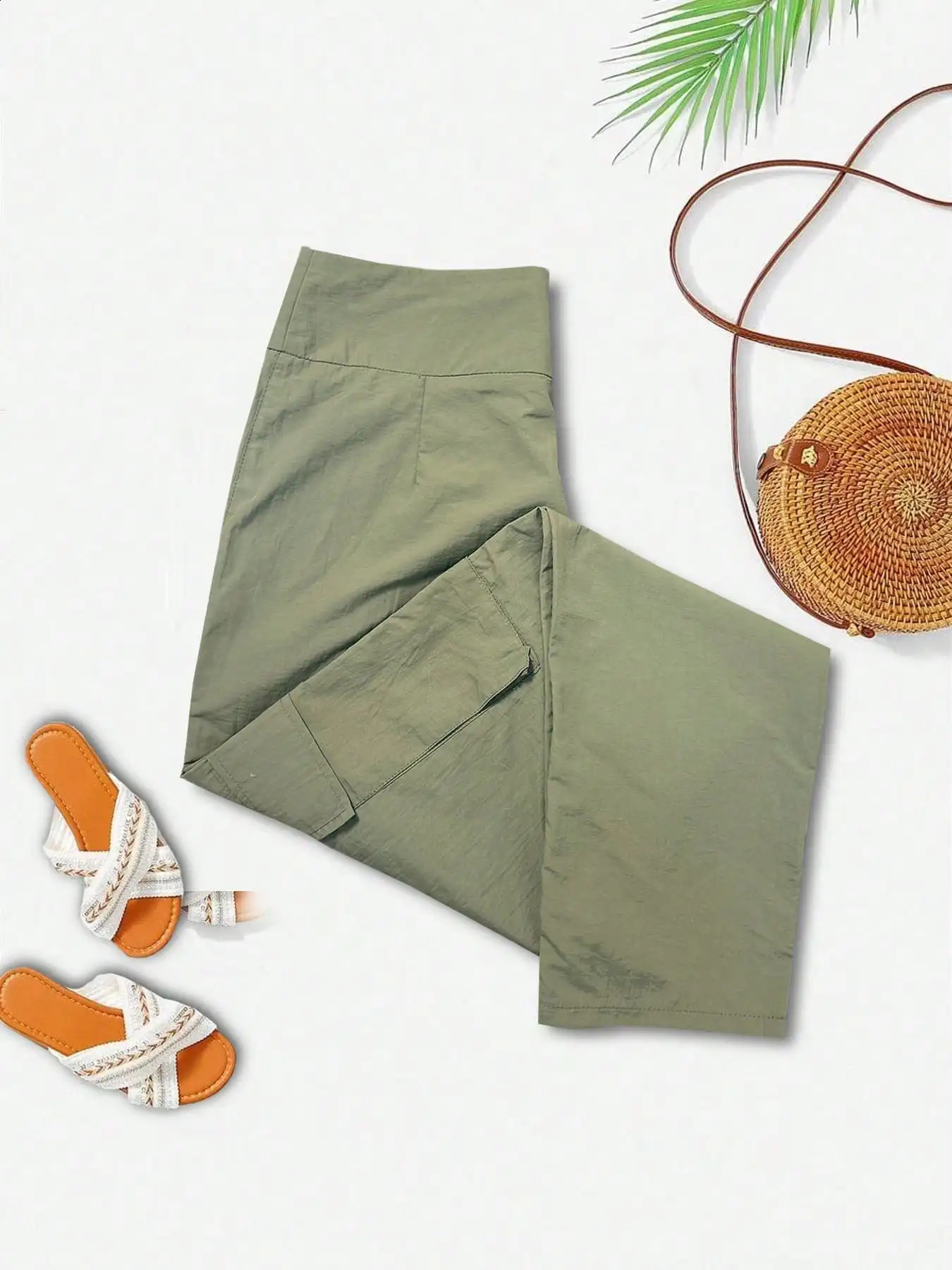 Womens olive green cargo jogging pants highwaisted with double buttons 260625 - view 5