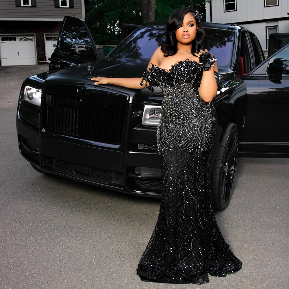 Black Dresses for Prom Mermaid Off Shoulder Rhinestones Crystal Formal Evening Dress Birthday Party Gala Gowns - view 5