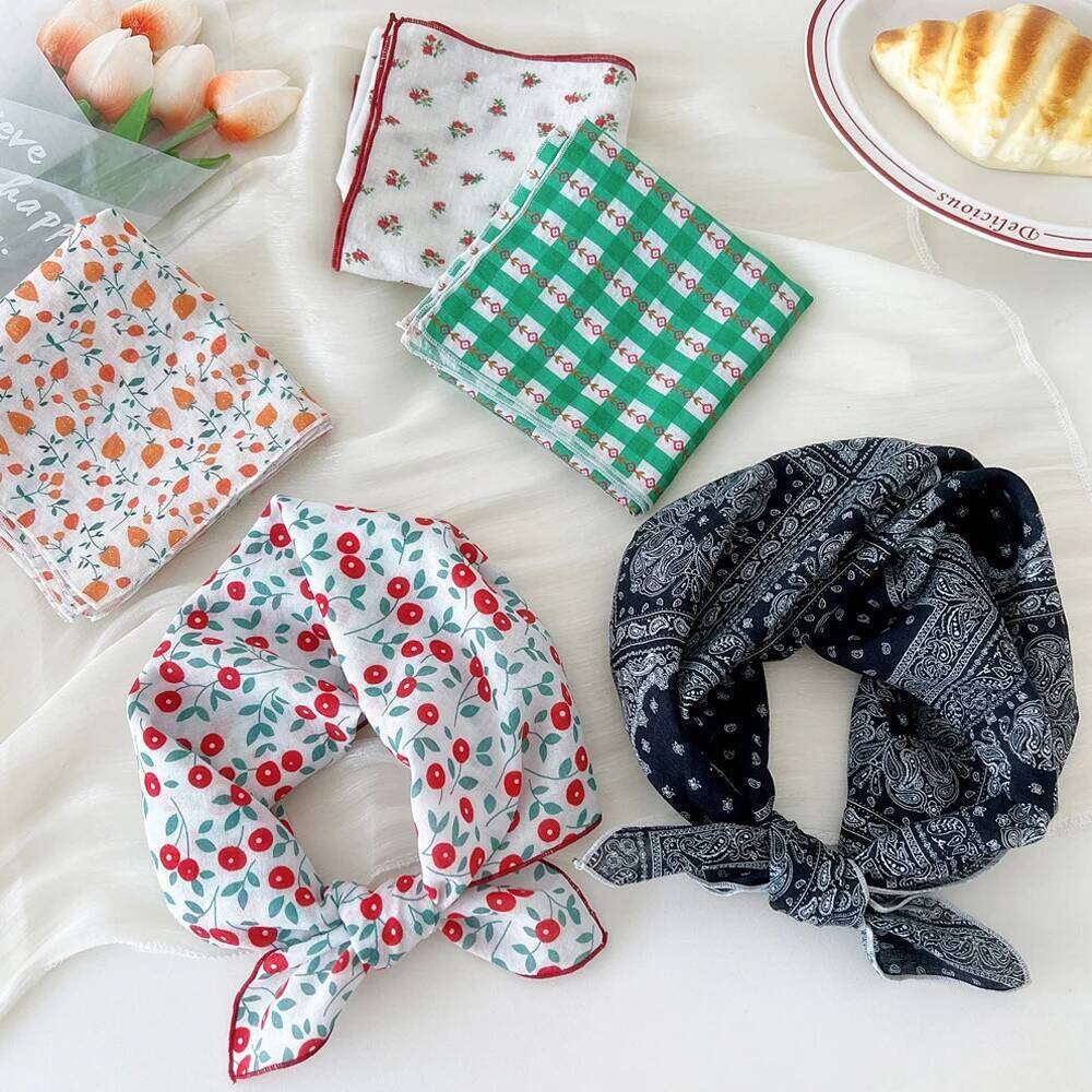 55cm Cotton Linen Square Cherry Floral Print Neck Tie Scarf Headkerchief Female Foulard Head scarf Women Hijab Bandanas 26Y06226 - view 3