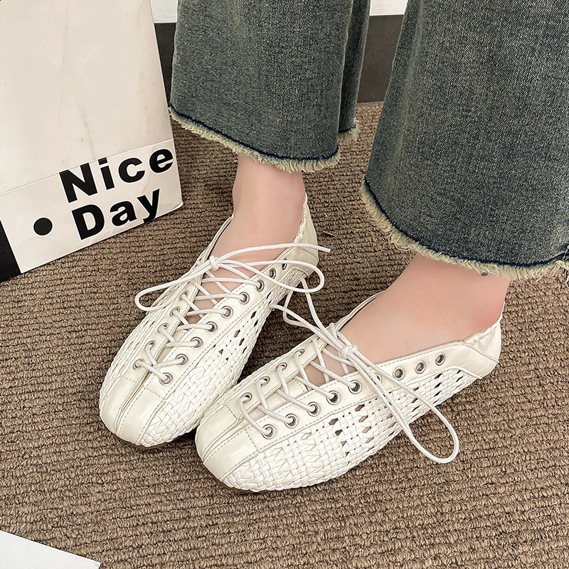 2026 Summer Breathable Hollow Out Weave Women Ballet Flats Fashion Mary Jane Shoes Soft Soles Walking Loafers Casual Girls 260626 - view 5