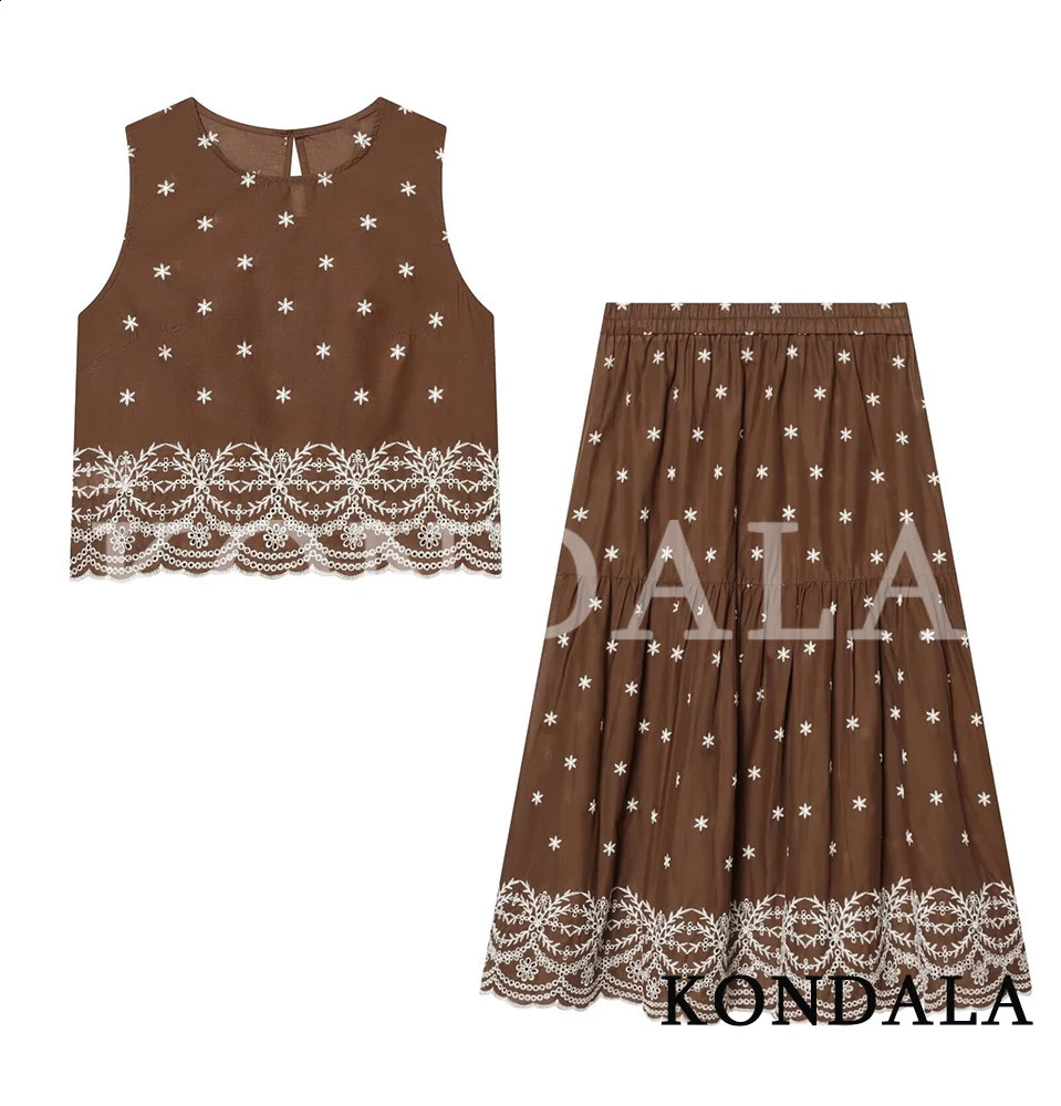 KONDALA Woman Chic Embroidery Skirt Set Summer Holidays Trendy Tank Tops Elastic Waist 2026 Fashion Elegant Casual 260626