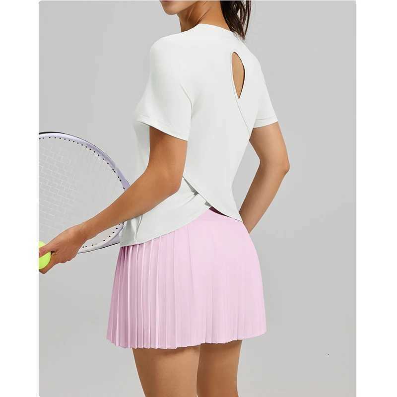 Womens Keyhole Activewear Fashion Set Crew Neck Short Sleeve Top Pleated Skort 2 Piece Yoga Sets Running Fitness Yoga Wear M260626 - view 5