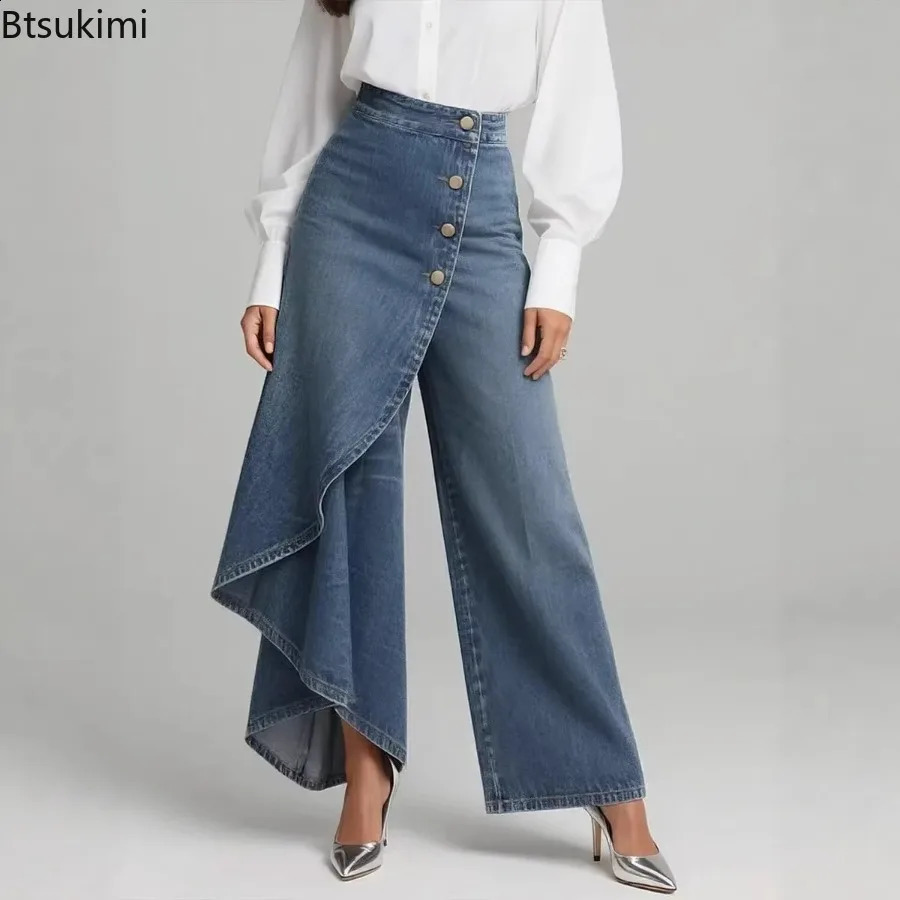 2026 Womens Casual Wide Leg Pants Spring Fashion Breasted n Ladies Slim Trousers Vintage Denim Women 260625