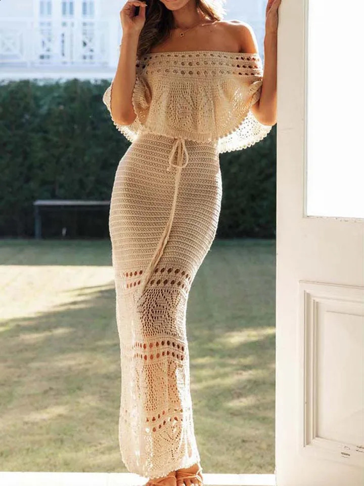 hirigin Elegant Womens Summer Boho Long Tube Top Dress Short Sleeve Off Shoulder Knit Pattern Hollow Tie Up Summer Dress 260626 - view 3
