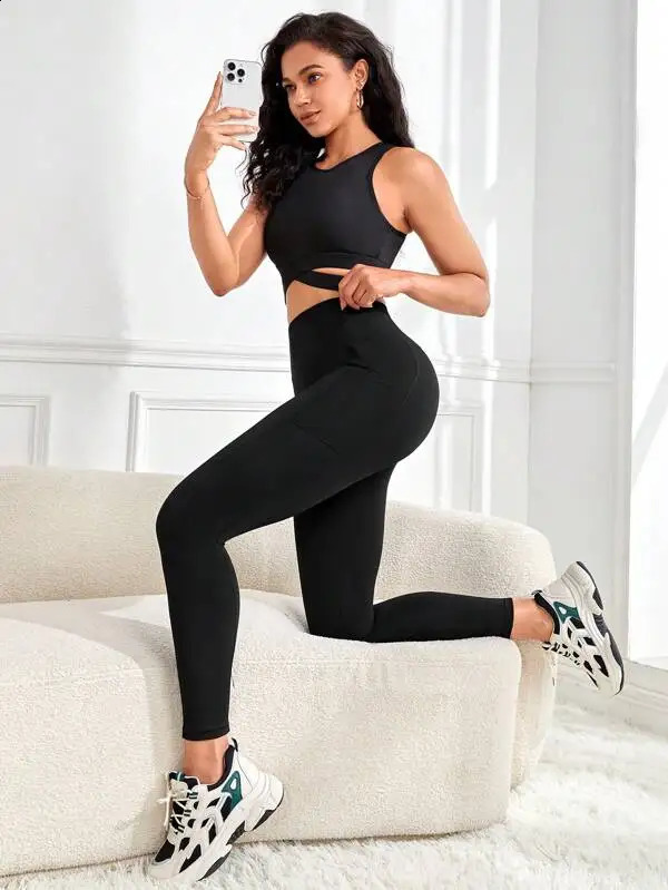 Womens high-waisted solid color pocket yoga leggings slim-fit stretch leggings comfortable and breathable fitness pants 260626 - view 7