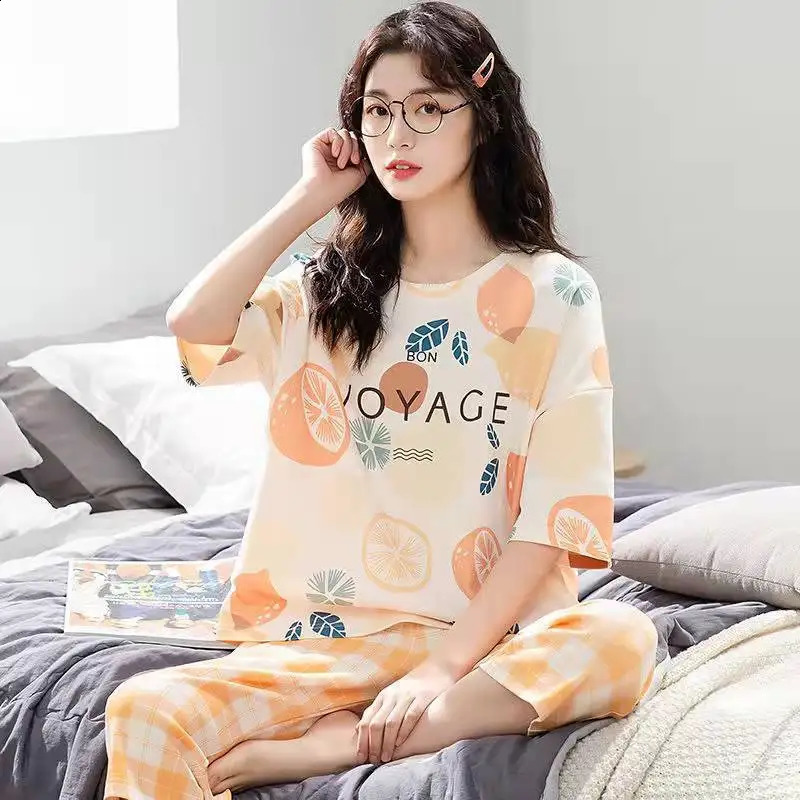 Womens Summer Pajamas ShortSleeve 34Length Pants Pullover Round Neck Printed SpringFall Style Plus Size Pajama Set 260625 - view 7