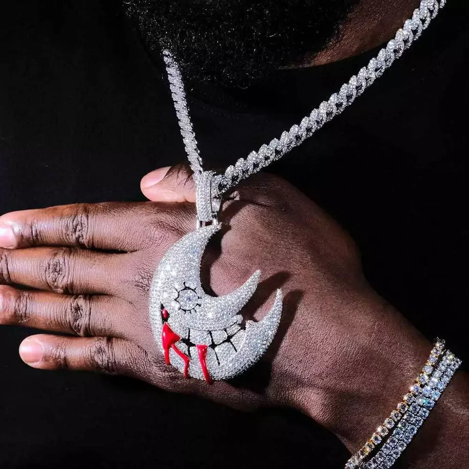 Fashion Men Hip Hop Moon Pendant Necklace Crystal Cuban Chain Iced Out Bling Necklaces Charm Jewelry 260615 - view 3