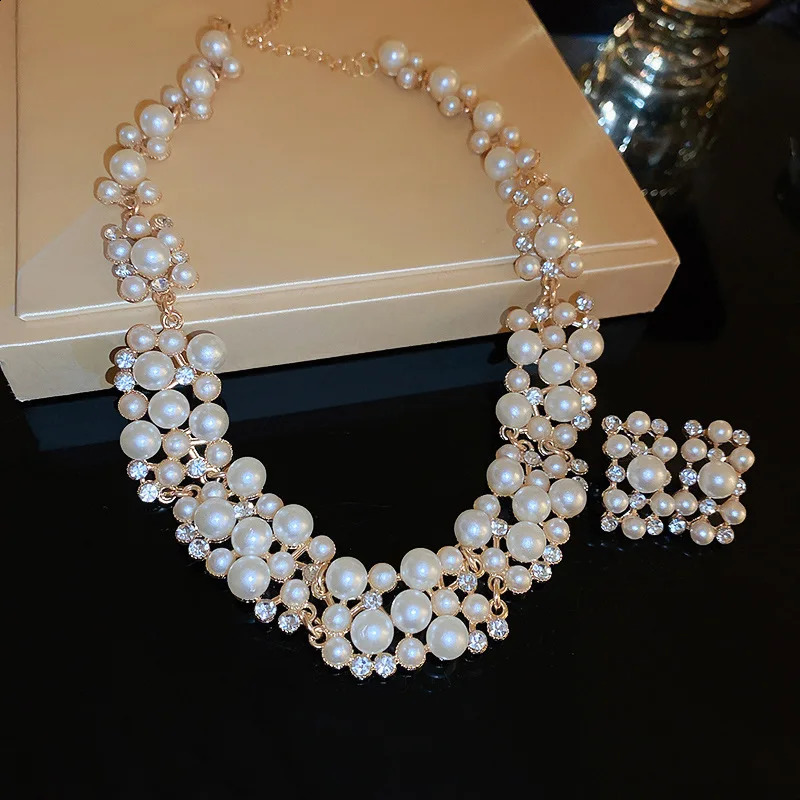 3 Pcs Rhinestone Pearl Rectangular Earrings Necklace Set Two-piece Vintage Choker Accessory Light Jewelry Sets Wedding 260626 - view 4