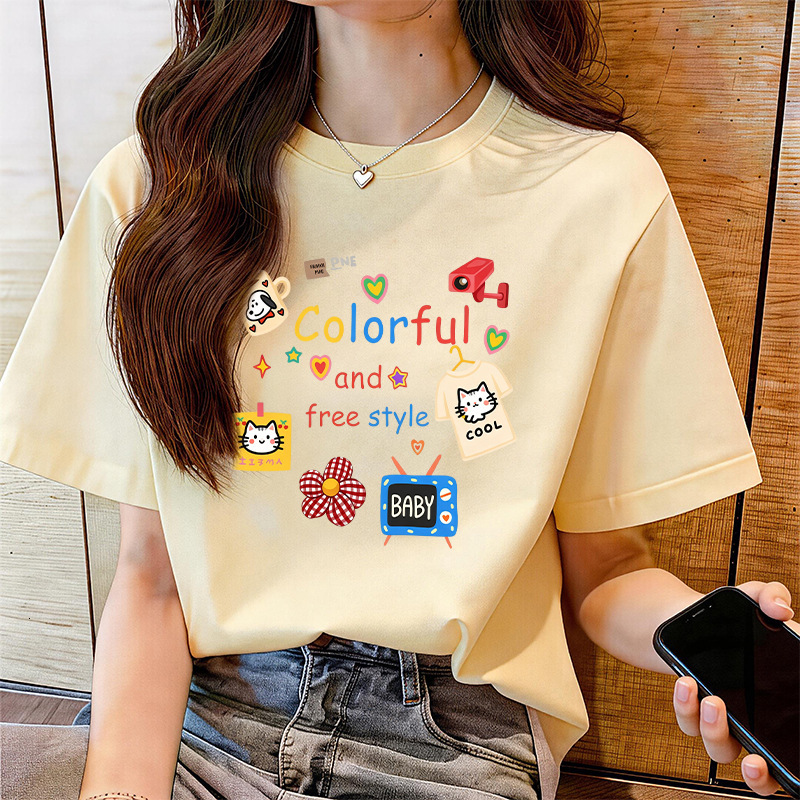 Women's Cotton T-Shirt, 100% Cotton Graphic Tie-Dye Print, Relaxed-Fit Short-Sleeve Casual Top with Stand Collar and Button Detail, Waterproof Summer  - view 3