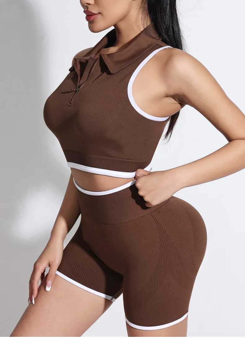 and Vest Stand-up Collar Short Pants Color-blocking and Zipper Sporty FitnESS Running Yoga Set For Women M260626 - view 5
