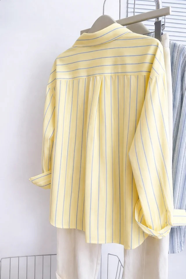 Womens Yellow Striped Button Down Shirt Casual Long Sleeve Blouse 260626 - view 6