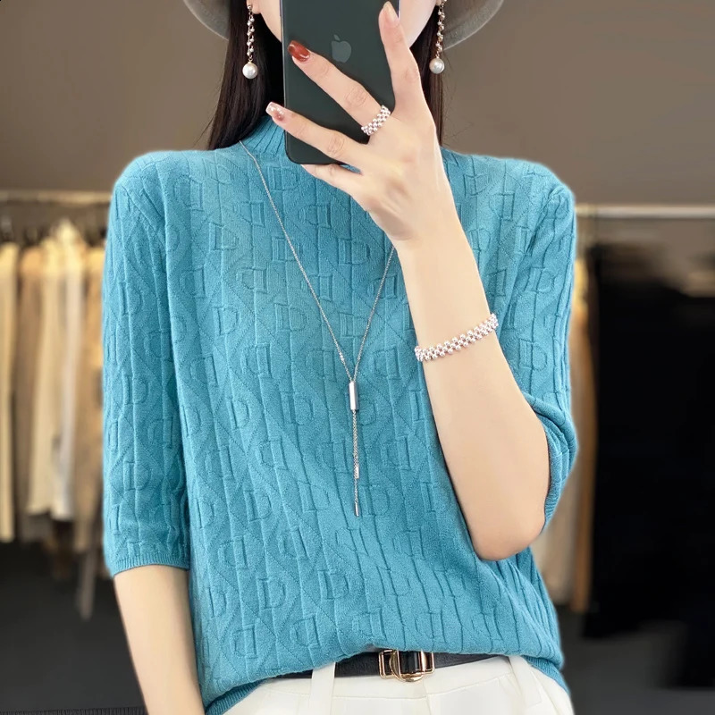 Women Soft Diamond Letter n Sweater Half-high Collar Three Quarter Sleeve Pullover Spring Summer Casual Knit Slim Top 260626