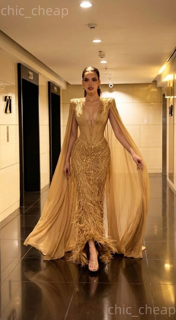 Aso Ebi Gold Mermaid Prom Dress 2026 Evening Dress Deep V-neck Beaded Feather Sequined Birthday Formal Women Pageant Party Gowns Long Dinner Dresses Z - view 4