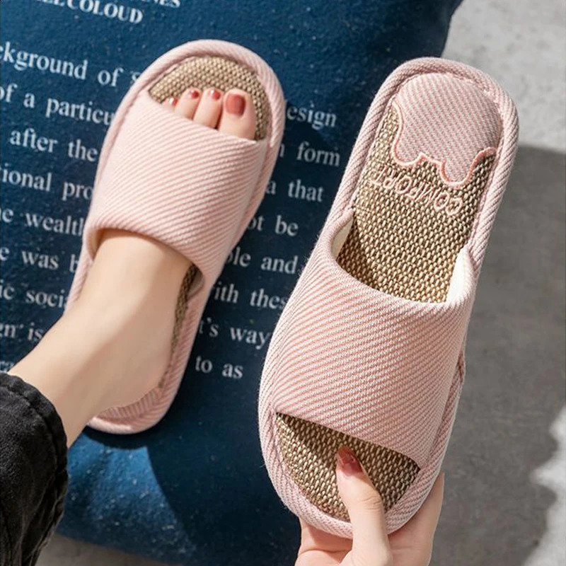 Women Linen Slippers Four Seasons Women Indoor Sandals Adults Cartoon Slides Couples Open toed Breathable Home Shoes 260624 - view 4