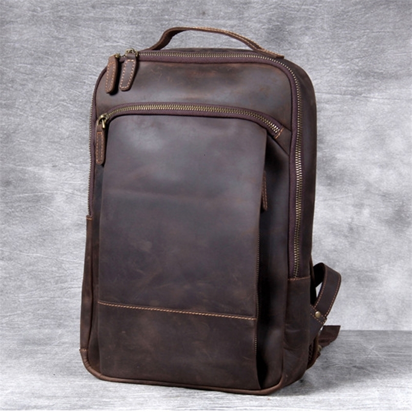 Vintage Crazy Horse Genuine Leather Backpack Men Laptop Daily Bagpack Male Rucksack Trave Hiking Knapsack Large y260615