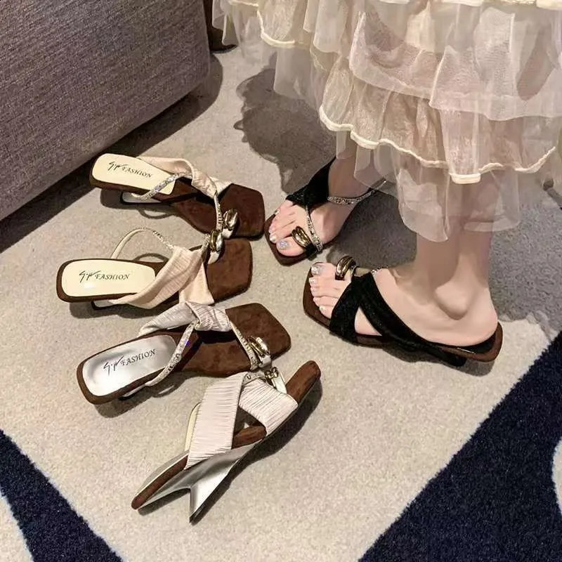 y Rhinestone Square Toe Sandals Loop Women Elegant Pleated Slides Metal Decor Beach Wedding Party Dress Mules Shoes 260626 - view 7