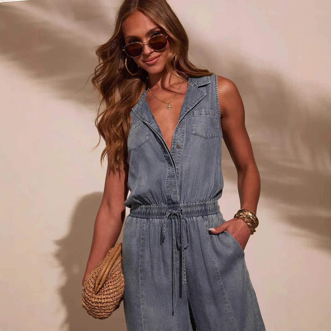Women Jumpsuits Sleeveless Denim Pants One Piece Drawstring Pockets Rompers Solid Spliced Casual Button Jeans Overalls 260626 - view 4